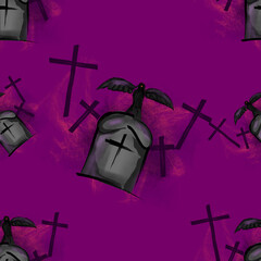 tombstone pattern background with perched crow and purple halloween cemetery crosses