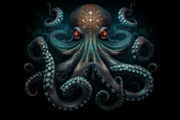 Illustration of a mysterious octopus against a dark backdrop. Imaginative and fantastical. Generative AI - obrazy, fototapety, plakaty