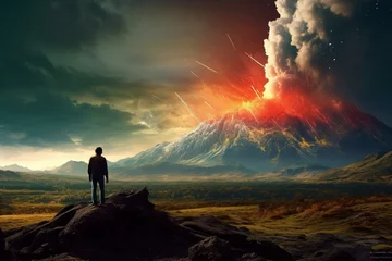 Fotobehang Scientist marvels at distant volcano eruption. Generative AI © Evelina