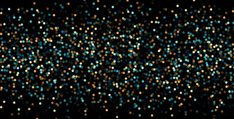 Abstract Gold glitter confetti or particles on dark blue background. Magical festive backdrop, space for text. Christmas and 2024 New Year holidays background. Gold foil texture. Holiday concept.