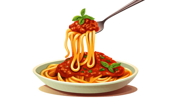 Spaghetti with sauce bolognese hanging on a fork isolated vector style illustration