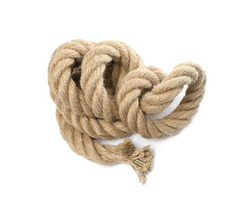 Hemp rope isolated on white, top view