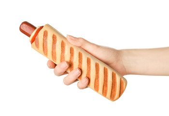 Woman holding delicious french hot dog on white background, closeup