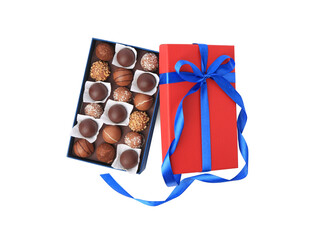 Box with delicious chocolate candies isolated on white, top view