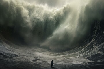 A person amidst ocean storms and towering waves, expressing the enigmatic beauty and challenges of nature's wrath. Generative AI - obrazy, fototapety, plakaty