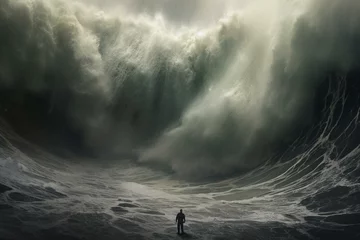 Fotobehang A person amidst ocean storms and towering waves, expressing the enigmatic beauty and challenges of nature's wrath. Generative AI © Saffron