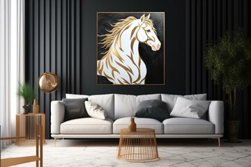 3D rendered gold and white horse against a black backdrop with golden lines and colorful wavy marble. Canvas wall art decoration. Generative AI