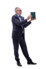 Old businessman holding books isolated on white