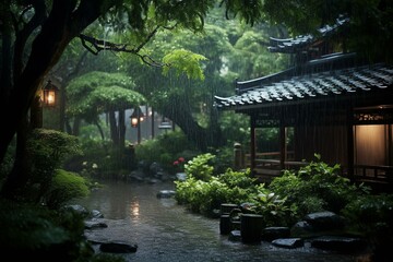 Fototapeta na wymiar Heavy rain pouring down in woodland amidst a storm in Japan. Generative AI