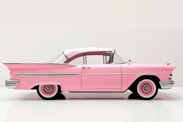 Pink vintage car, seen from the side, isolated on white. Generative AI