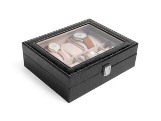 Black jewelry box with different wristwatches isolated on white