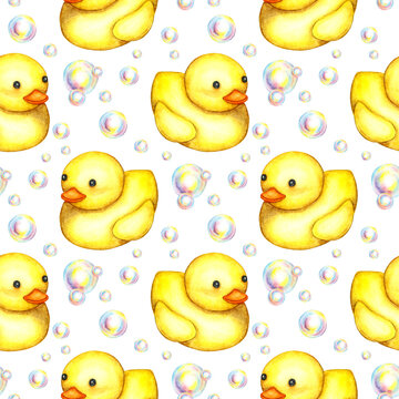 Watercolor illustration of a pattern of a small yellow carved duck and soap bubbles. Bathing time isolated. Pictures for fabric textile children's clothing, wallpaper, wrapping paper, packaging,