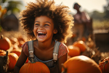 child smiling at pumpkin patch - obrazy, fototapety, plakaty