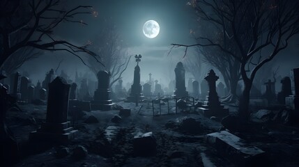 Haunted cemetery on a Halloween night with a full moon