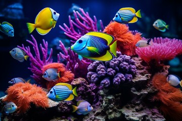 Various vibrant fish move through coral. Generative AI