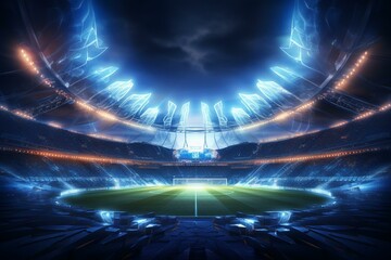 Dramatic illuminated soccer stadium and running track with a futuristic neon glow in a 3D-rendered image. Generative AI - obrazy, fototapety, plakaty