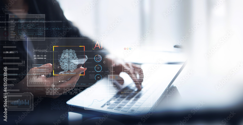 Poster ai artificial intelligence. business woman using ai technology for data analysis, coding computer la