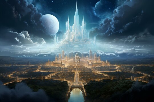 Religious depiction of an extraordinary celestial city known as New Jerusalem, believed to be the holy city of God on Earth. Generative AI