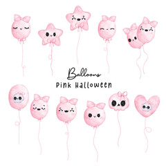 Cute Pink Halloween Balloon Collection featuring kawaii watercolor hand drawings.