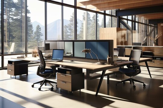 A versatile work area designed for multiple individuals. Incorporates diverse materials for creating a collaborative workspace. Generative AI