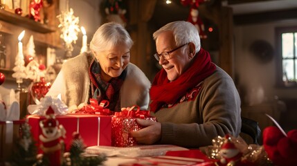 Obraz na płótnie Canvas elderly couple with christmas presents