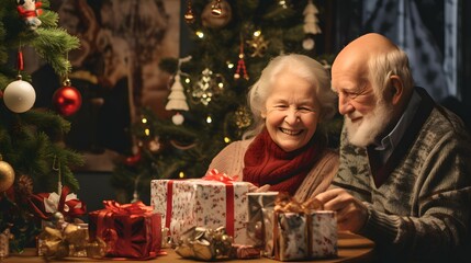 elderly couple with christmas presents