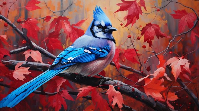 blue cardinal sitting on autumn tree generated by AI tool  