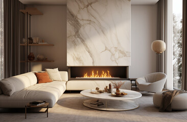 the living room has an elegant fireplace with marble