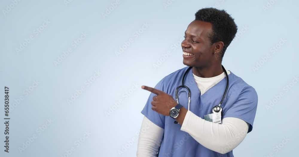 Canvas Prints Nurse, advertising and black man pointing to space in studio isolated on a blue background. Portrait, hand and medical worker marketing healthcare, wellness promotion and smile for commercial mockup