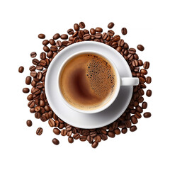 cup of black coffee with coffee beans, top view isolated on a white background
