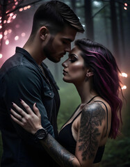Fototapeta na wymiar Urban fantasy couple in the forest with dramatic lighting 