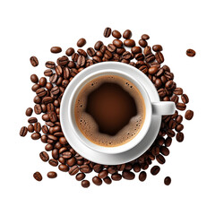 cup of black coffee with coffee beans, top view isolated on a white background