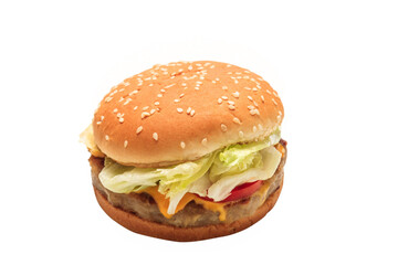 Hamburger with organic vegetables, fast food on white background.