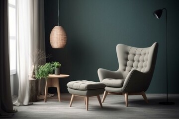 Simple living space with light-colored armchair contrasted by a dark backdrop. Generative AI