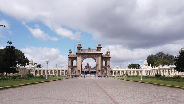 A Tilt view of the famous landmark 'Mysore Palace' exteriors, a popular travel destination during Dussehra festival in Karnataka, India.
