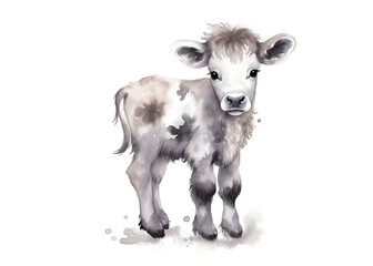 a cute baby cow calf animal pastel color watercolor painting illustration children's decor print with white background