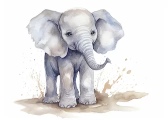 Fotobehang Olifant a cute baby animal pastel color watercolor painting illustration children's decor print with white background