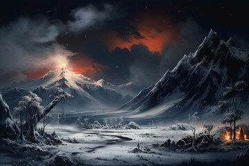Nighttime winter painting of frozen volcano in a post-apocalyptic landscape amidst snow and blizzard. Generative AI - obrazy, fototapety, plakaty