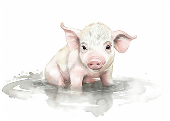 a cute baby pig animal pastel color watercolor painting illustration children's decor print with white background