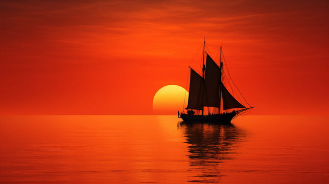 Artwork Depicting the Silhouette of a Sailboat Against a Sunset with Copy Space