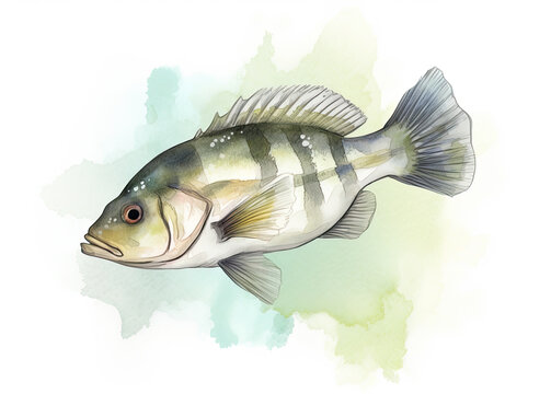 a cute bass fish animal pastel color watercolor painting illustration children's decor print with white background