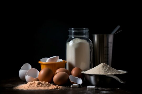 Fitness fuel with protein shake, powder, bars, eggs, and measurement tool on a dark backdrop. Generative AI