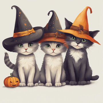 tres gatitos con sombrero de brujas negro y naranja con una calabaza tallada para Halloween
