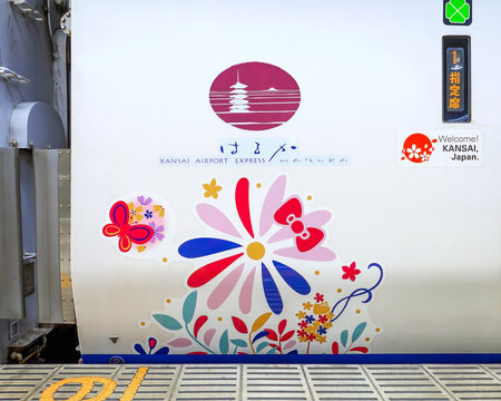Osaka, Japan - March 28 2023: Hello Kitty Haruka Express operated by JR West, the new JR Kitty train service connects visitors to Japan between Kansai Airport (KIX), Osaka and Kyoto