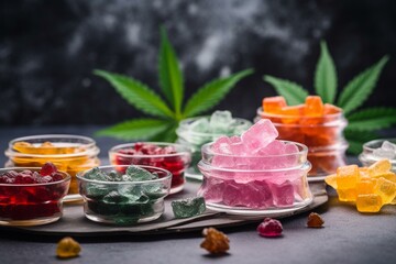 Obraz na płótnie Canvas Jelly sweets infused with CBD and cannabis on a gray surface. Generative AI
