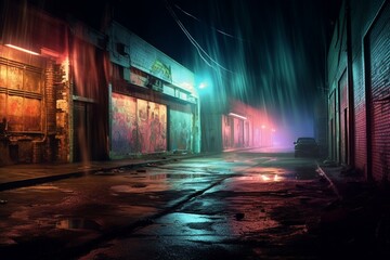 A dim deserted road embraced by the darkness, illuminated by neon lights and spotlights, with smoke wafting through the studio room. Nighttime panorama. Generative AI