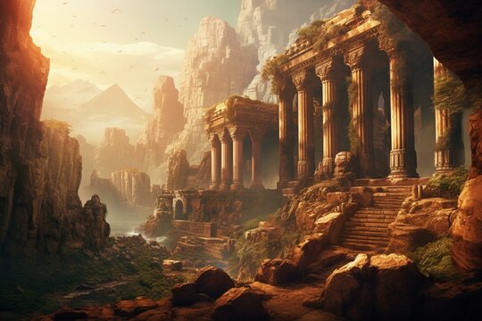 artistic depiction of ancient ruins in a wallpaper background. Generative AI