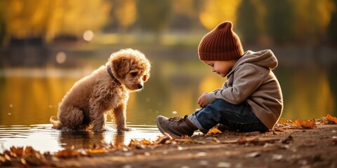 kid is playing with puppy, forest lake Background, generative AI - obrazy, fototapety, plakaty