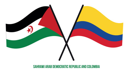 Sahrawi and Colombia Flags Crossed And Waving Flat Style. Official Proportion. Correct Colors.