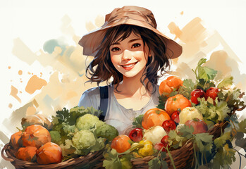 Happy farmer mature woman holding a basket of freshly picked vegetables and smiling. 